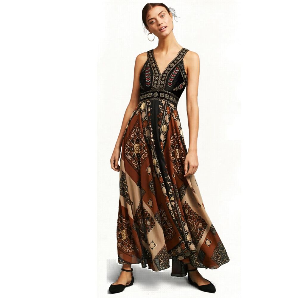 Anthropologie RAGA Embroidered Maxi Dress Boho Patchwork Print Brown Size S